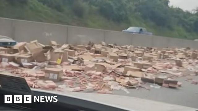 Cardboad boxes and hot dogs are littered across a US highway.