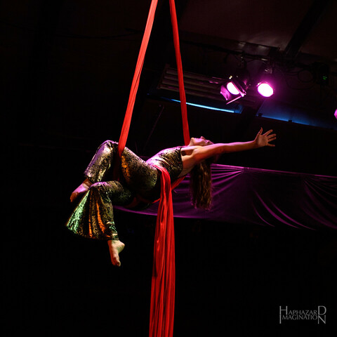 Summer Circus Celebration - Kate is on red silks, and she is reclining in a hammock like pose with her arms stretched out dramatically. She is wearing a gold glittery bodysuit and lit from behind with purple lights.