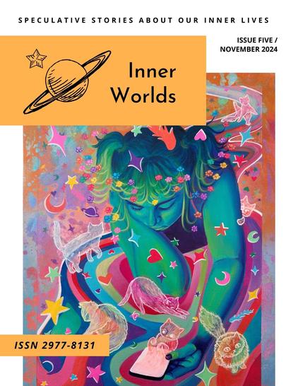 Magazine cover featuring a colourful painting of a girl with green skin and hair looking at a smartphone, colour swirls around her and hearts, stars, and miniature translucent cats emerge from the phone's glowing screen