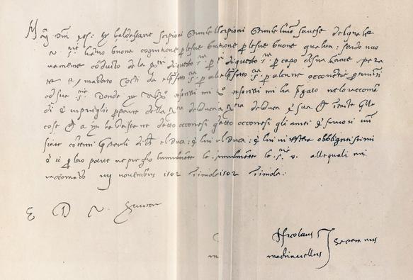 A famous surviving letter in Machiavelli's hand, written home to his political contacts in Florence advising them on things happening in Cesare Borgia's war camp. His ink is black, the page creamy, and his handwriting is fairly spaced out but very slanted and sometimes cramped, medium-hard to read for my period but not bad.
