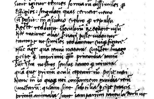 Lucretius in Machiavelli's hand. It looks very different since he's trying to write in a book hand, more vertical, much more cramped, and formal in a different way, but some of the curves on things like q and d are similar. One would have to be VERY familiar with his handwriting to realize these are two versions of the same man's hand.