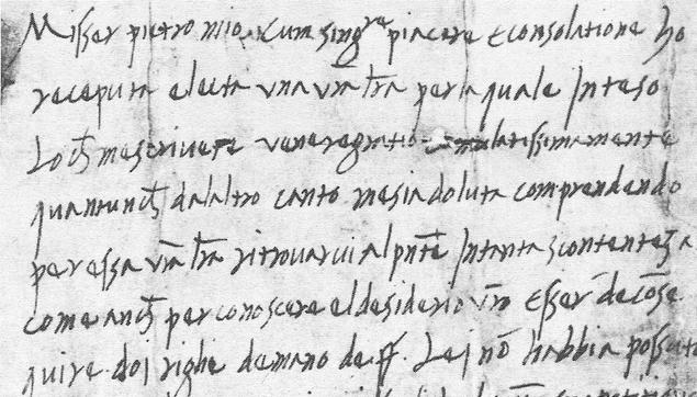 Love letter of Lucrezia Borgia to Pietro Bembo, written in the same region and period as Machiavelli's letter and manuscript, but her hand (influenced by her family's Spanish background, but also a different educational style) is extremely different, with tall, spiky verticals, very compressed rounds so the vowels almost all vanish into looking like an 4 or i, and her lower-case letter Es looking almost like numeral 4s. (I wrote about her affairs with him and Gonzaga last week https://bsky.app/profile/adapalmer.bsky.social/post/3lfvexjlzqn2u )