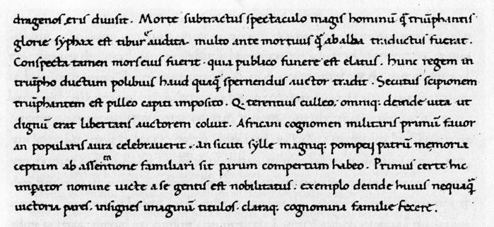 Handwriting of Poggio Bracciolini. Beautifully crisp but flowing vertical rounded little letters, with very distinct shapes and easily differentiable tall and descending letters (y, p, b, g etc.)  While a few of the Latin abbreviations and the f-shaped long-s may slow down the unfamiliar a bit, it isn't hard to make out the letters, and most modern people can easily read most of the words.