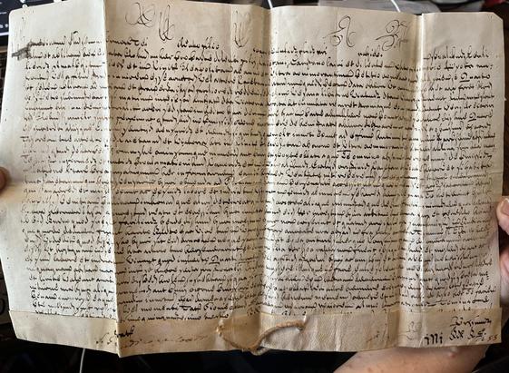 A seventeenth century Italian letter I own, handwritten on parchment. I use this to show students what parchment is like, but Heaven help you if you want to try to READ the incredibly wiggly, fiddly, loopy mass of squiggles!