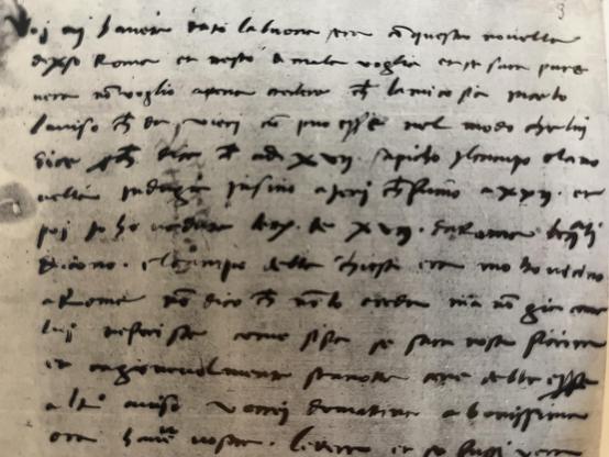 I don't have a decent picture of the really, really nightmarish ones, but here in contrast is probably the clearest Lorenzo de Medici letter, he's trying very, very hard so the strange black wads are mostly in rows, and one can often see the shape of a p, or the dot of an i differentiate the otherwise homogenous wiggly lines. It doesn't look as *ugly* as some handwriting, especially since this is Lorenzo at his absolute best, but trying to make words out of it takes a vey, very long time. Lorenzo, sweetheart, I love you but please just dictate to your secretaries, okay? Their words have consonants other than p.