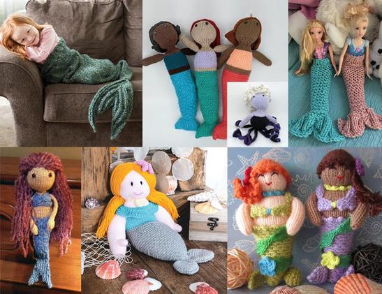 Collage of knitting projects: girl wearing a mermaid tail sack blanket. Three mermaid dolls and an Ursula doll. Barbie dolls wearing mermaid tails. A mermaid doll with red hair like Ariel. A mermaid pillow. Mermaid dolls with seaweed and shells.