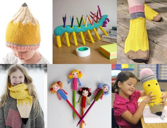 Collage of knitting projects: Baby wearing a hat shaped like a pencil. Hallucigenia Pencil Caddy is a knit creature with pencils sticking out of its back like spikes. Pencil themed socks with eraser cuffs and lead foot. Girl wearing pencil shaped scarf. Pencils with toppers shaped like dolls. Girl holding pencil shaped pillow.