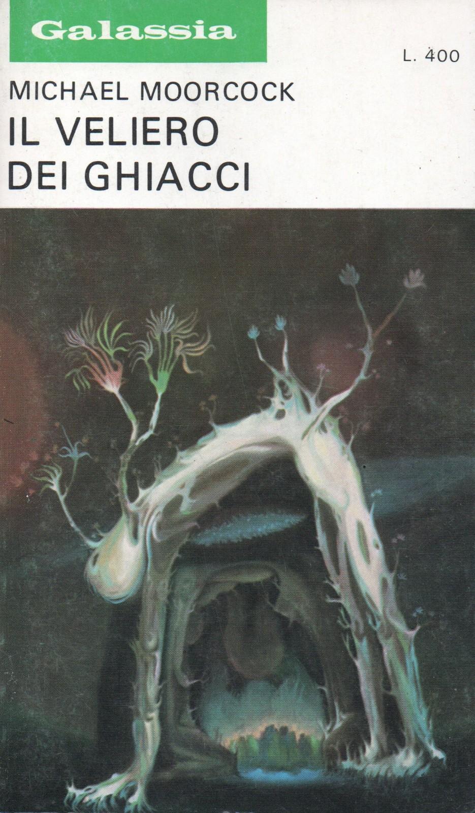 Attilio Uzzo’s cover for the 1973 edition of Michael Moorcock’s The Ice Schooner (1969) (Galassia 163). A human form, whose feet seem to be turning into tree roots, arches over an open mouth. Various plants grow from their flesh.